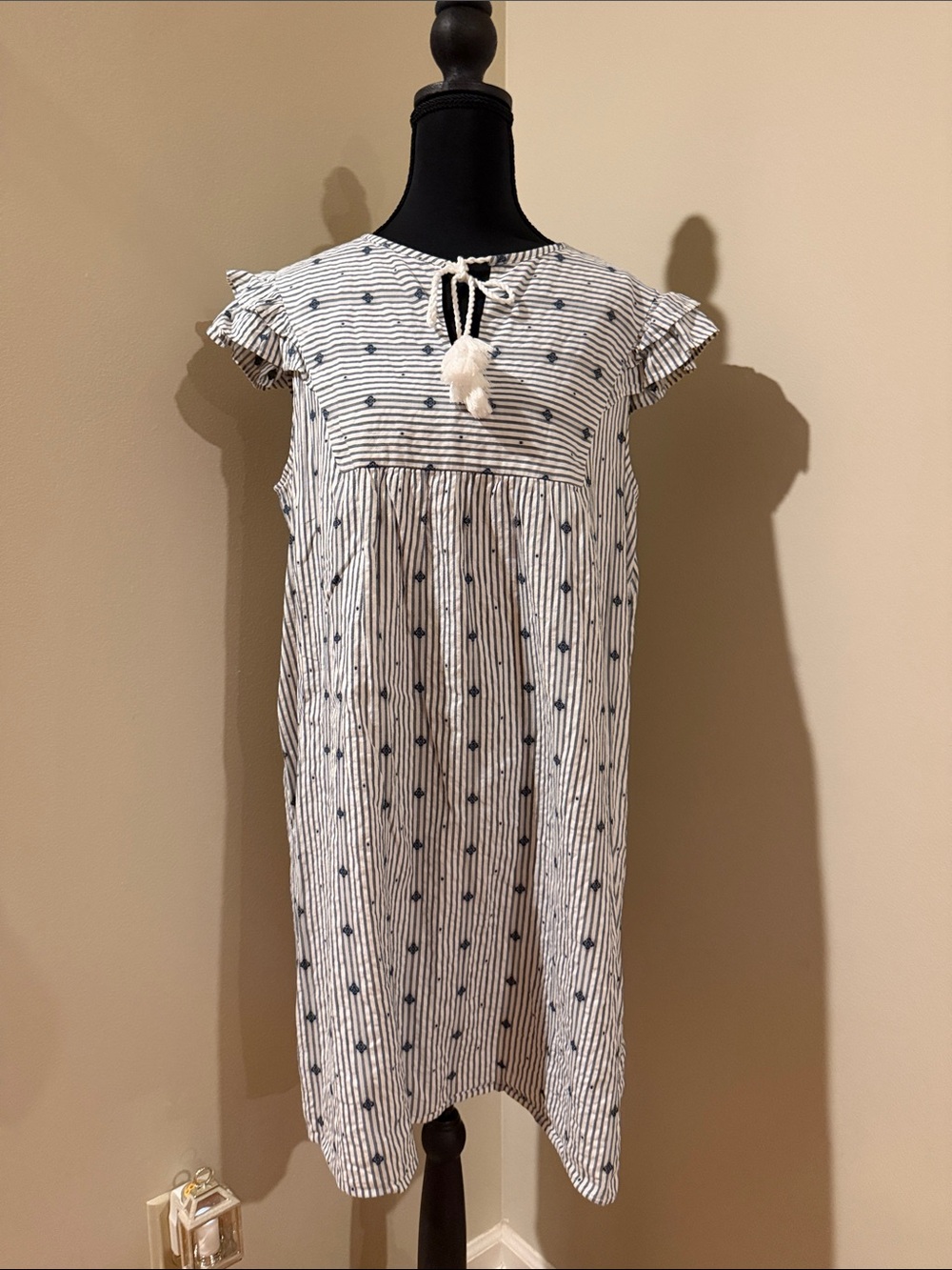 LOFT Navy & White Striped Tassel Yoke Dress